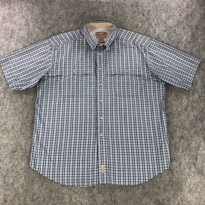 Woolrich Men Tech Fishing Shirt XL Gray Blue Plaid Short Sleeve Button Up Vented
